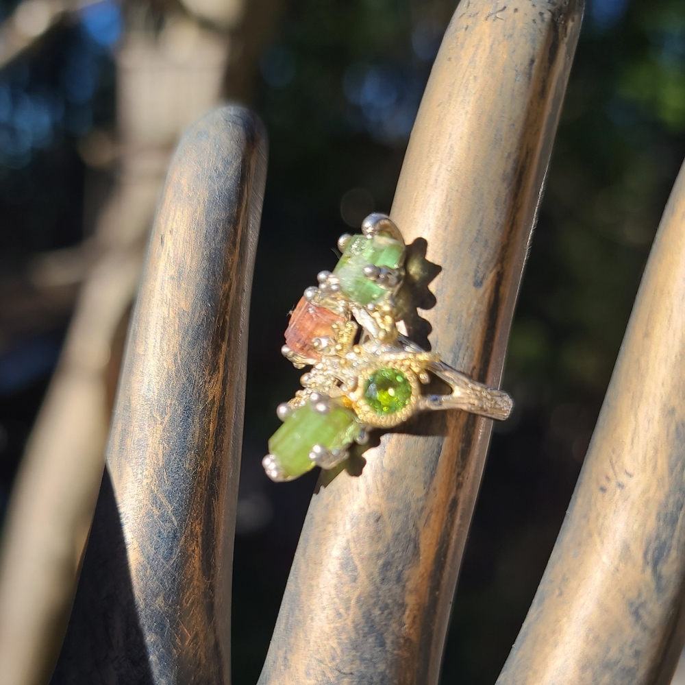 Turmulene green ocean & watermelon 🍉 w/Peridot sterling & gold ring sz6.5 - Picture 4 of 11